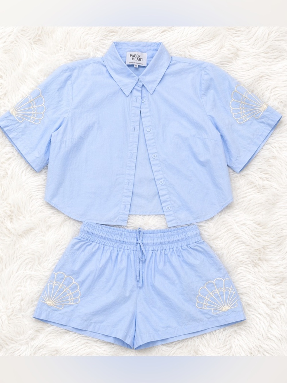 Paper Heart Blue Matching Set Embroidered Shell Top Shorts Vacation Coastal Set